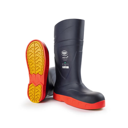 A pair of black Bekina StepliteX StormGrip gumboots with yellow rubber soles, designed for stability and grip in wet conditions.