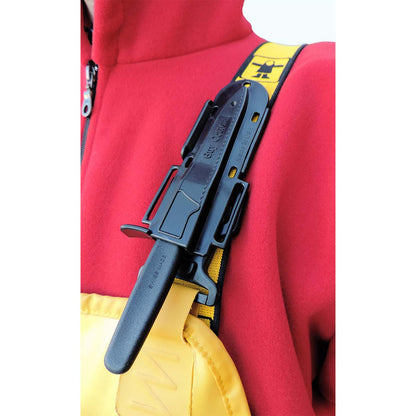 Black knife sheath attached to Guy Cotten fishing bib & braces with a red jacket background, compatible with Victorinox 6.7433 knife