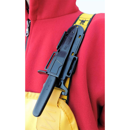 Black knife sheath attached to Guy Cotten fishing bib & braces with a red jacket background, compatible with Victorinox 6.7433 knife