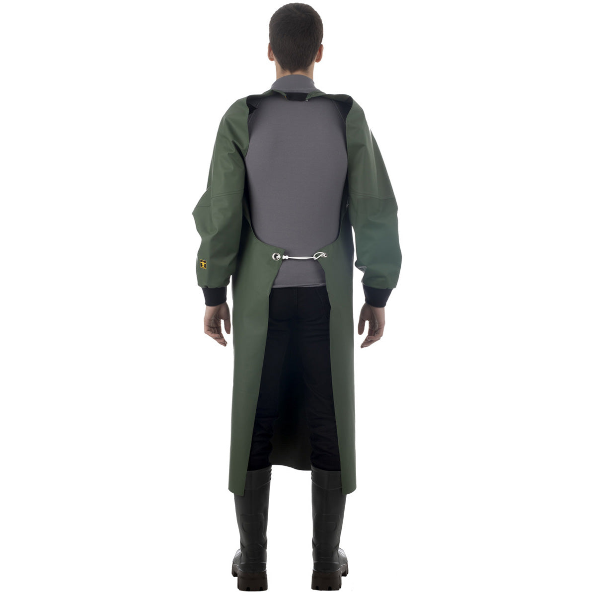 Back view of a person wearing a Guy Cotten Full Body Dairy Apron with long sleeves and hook and loop fastening