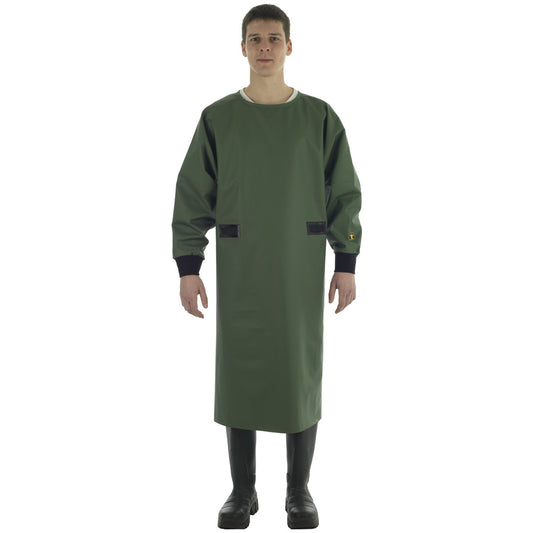 Person wearing a Guy Cotten green PVC milking apron with neoprene cuffs, called the Eleveur Apron