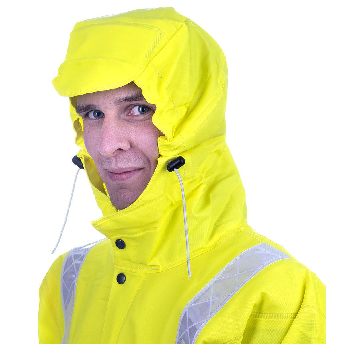 Person wearing the Guy Cotten Isoflash waterproof high visibility jacket with the Magic Hood for no blocked vision