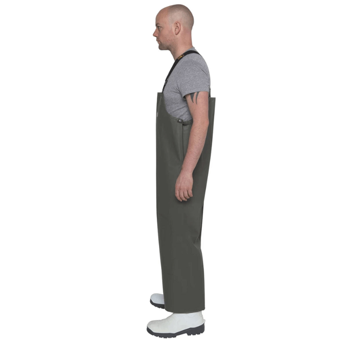 Guy Cotten Barossa Bib & Braces reversible overalls in green side view with adjustable gusset