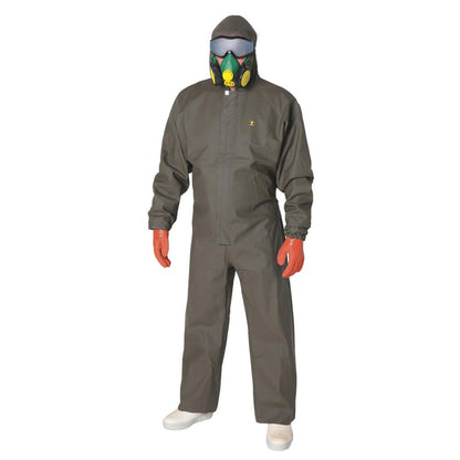 Person wearing a Guy Cotten Isocomb full-body protective chemical resistant suit with a hood and gloves on a white background